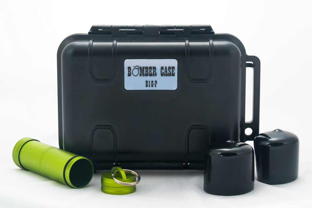 BOMBER CASE - Waterproof Hard Case Pax 2 or 3, Holds Accessories comes with Material Bottle and Rubber End Caps. Smell Proof