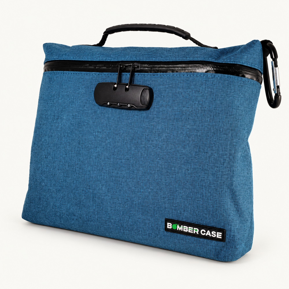 Blue XL locking bag with top handle, side clip and combination lock.