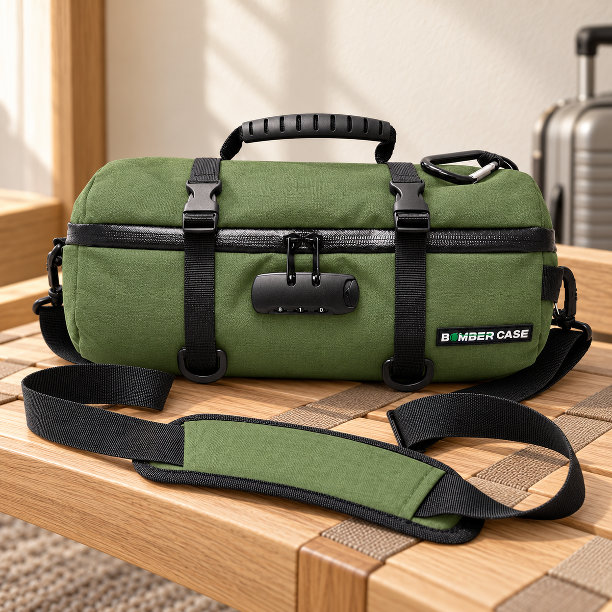 Green 14-inch Bomber Case duffle on a light oak luggage bench in a warm travel setting.