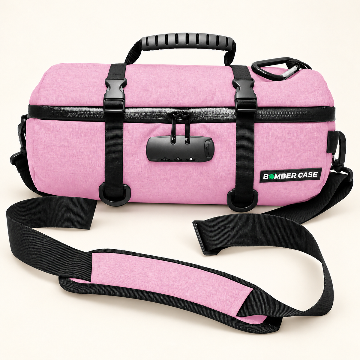 Pink 14-inch Bomber Case locking duffle with cinch straps, a combination lock and a padded shoulder strap.