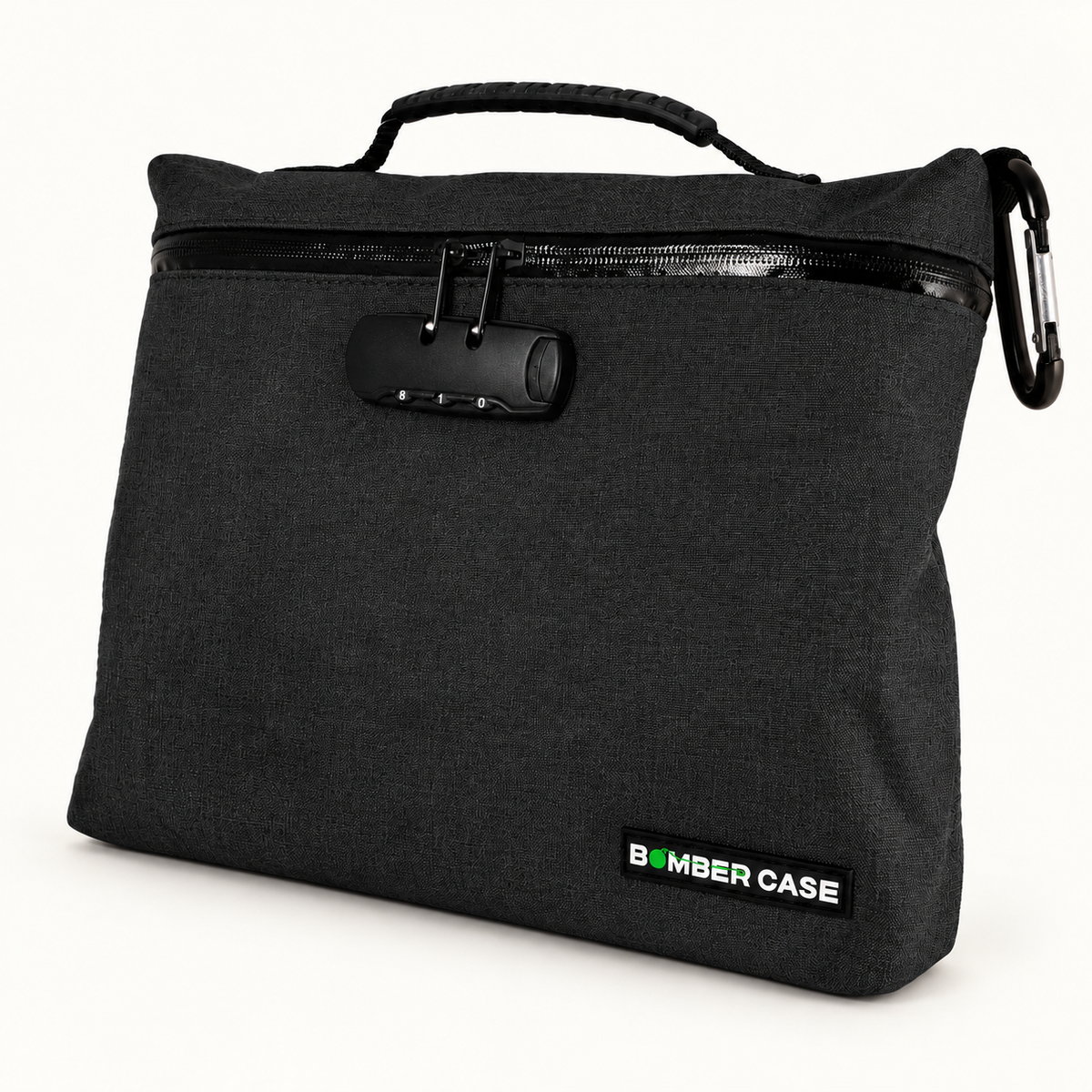 Black XL Bomber Case locking bag with top handle, combination lock and side carabiner on an ivory background.