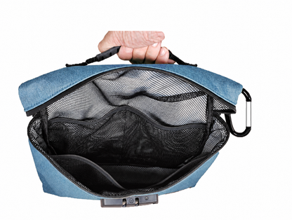 Open blue XL Bomber Case bag showing the mesh interior pockets and wide zipper opening.