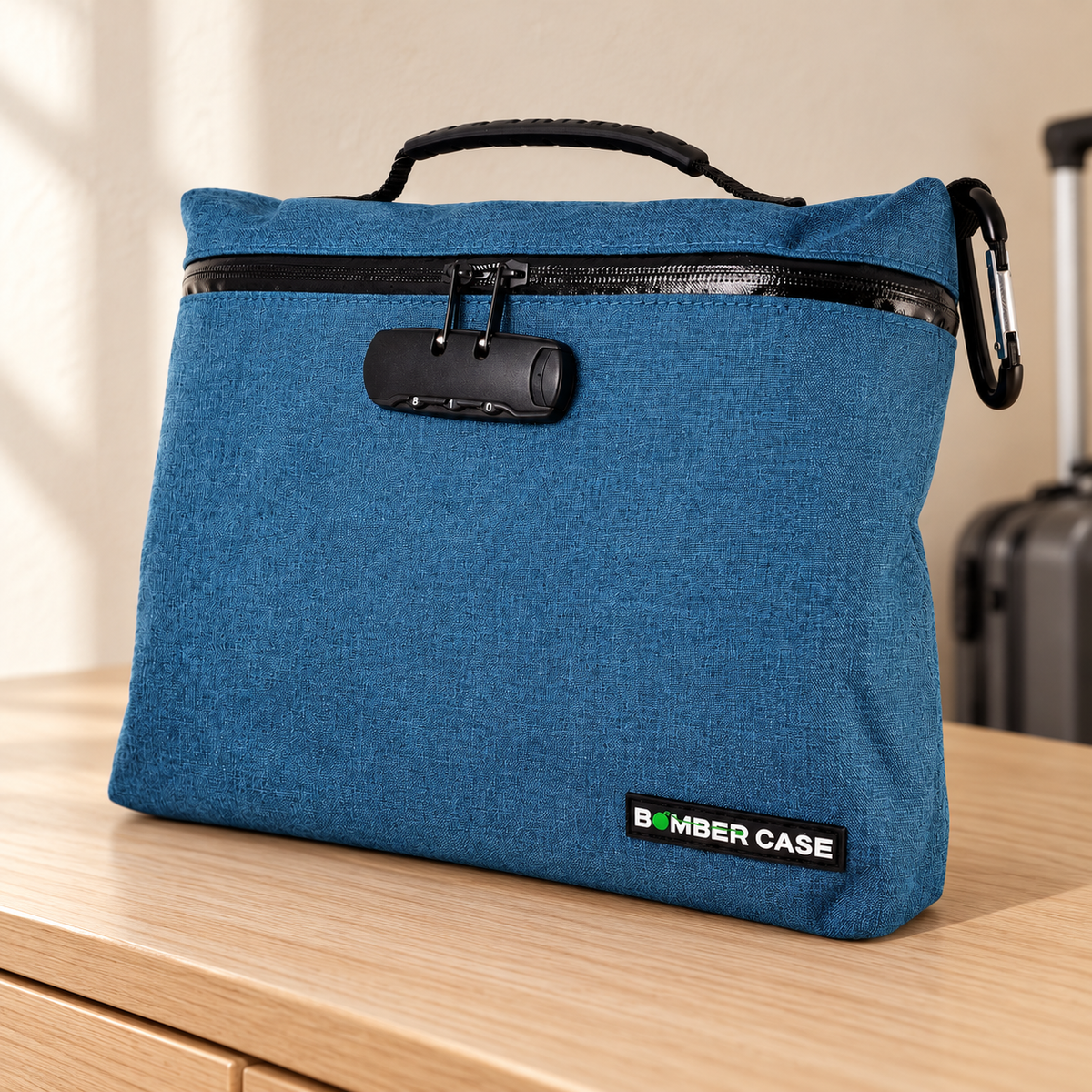Blue XL Bomber Case locking bag on a light oak dresser with travel luggage softly blurred in the background.