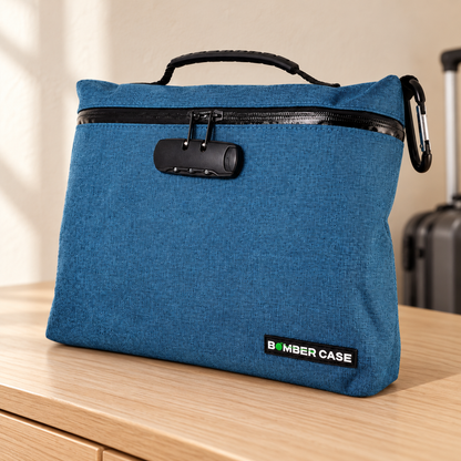 Blue XL Bomber Case locking bag on a light oak dresser with travel luggage softly blurred in the background.