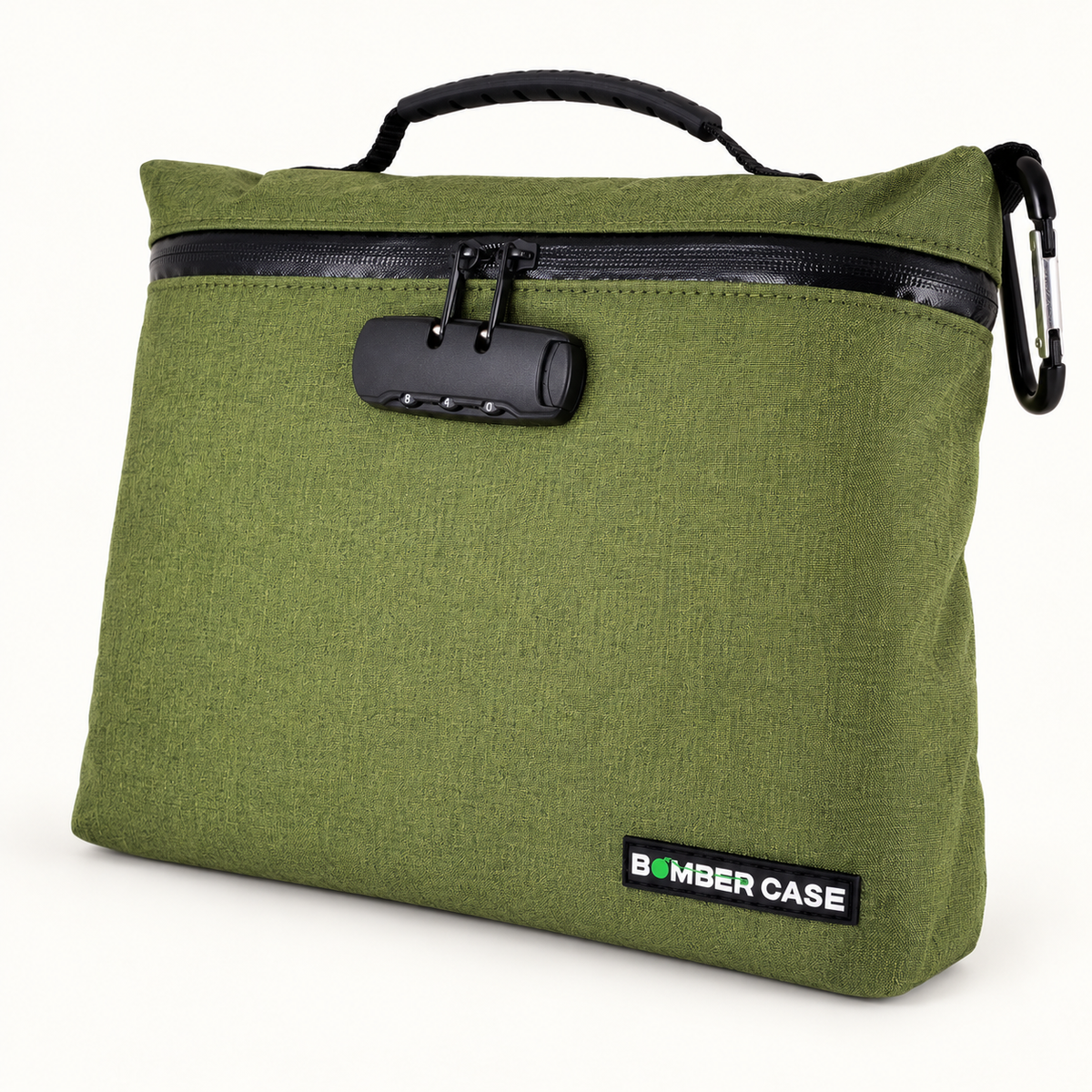Green XL Bomber Case locking bag with top handle, combination lock and side carabiner on an ivory background.