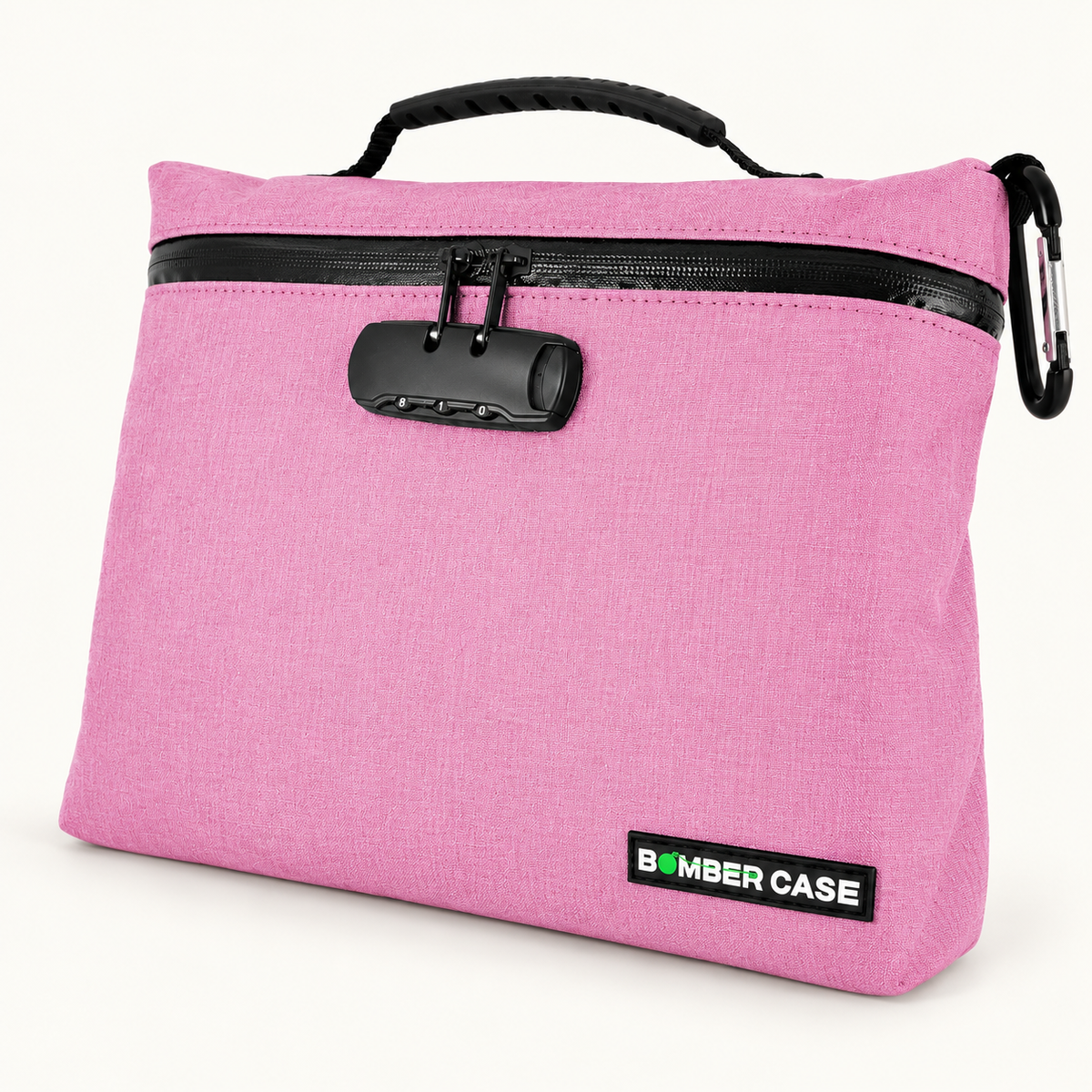 Pink XL Bomber Case locking bag with top handle, combination lock and side carabiner on an ivory background.