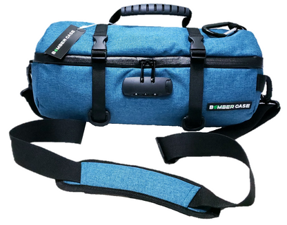 Blue 14-inch Bomber Case locking duffle with cinch straps, combination lock and padded shoulder strap.