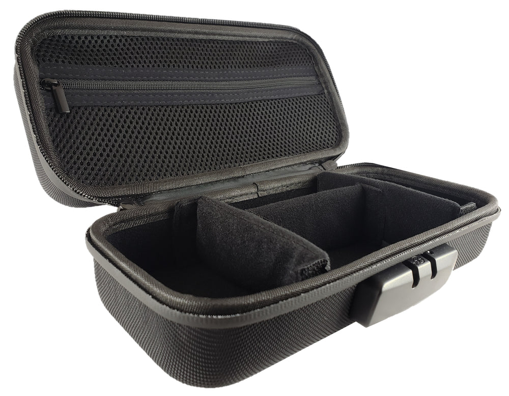 Inside the compact Bomber Case, showing its adjustable padded dividers and mesh lid pocket